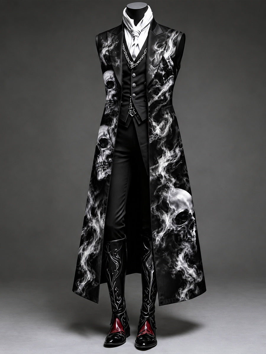 Men's Gothic Punk Art Print Casual Sleeveless Long-Style Suit Blazer Jacket